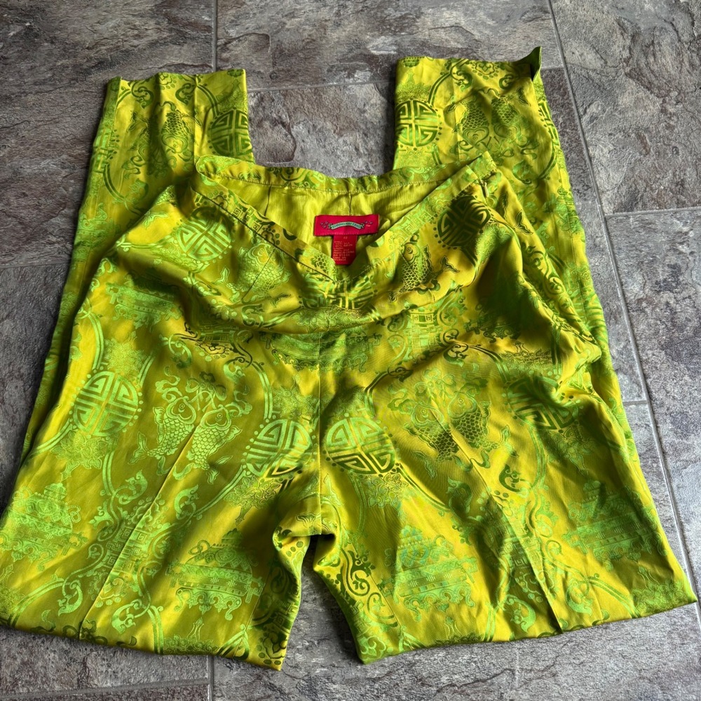 Shanghai Tang Green Silk Blend Jacquard Pants Size 12 Chinese Luxury Oriental